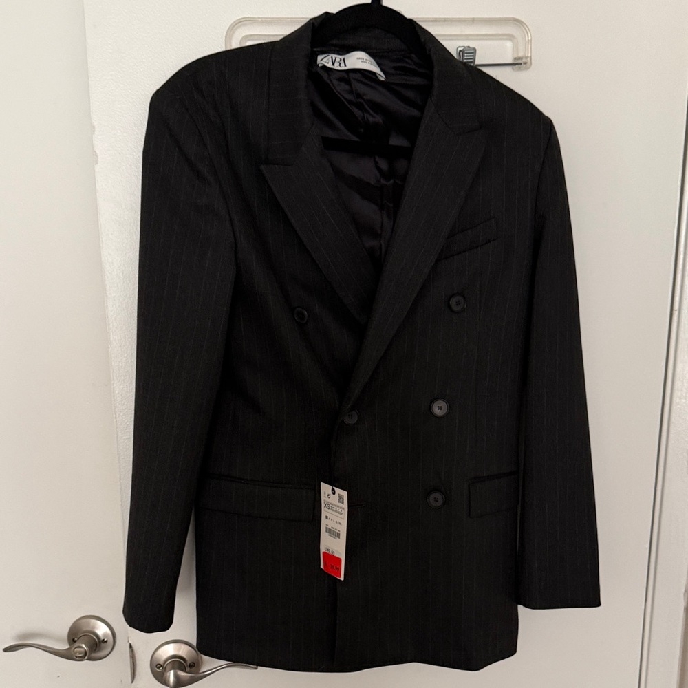 Zara Black Pinstripe Double-Breasted Blazer